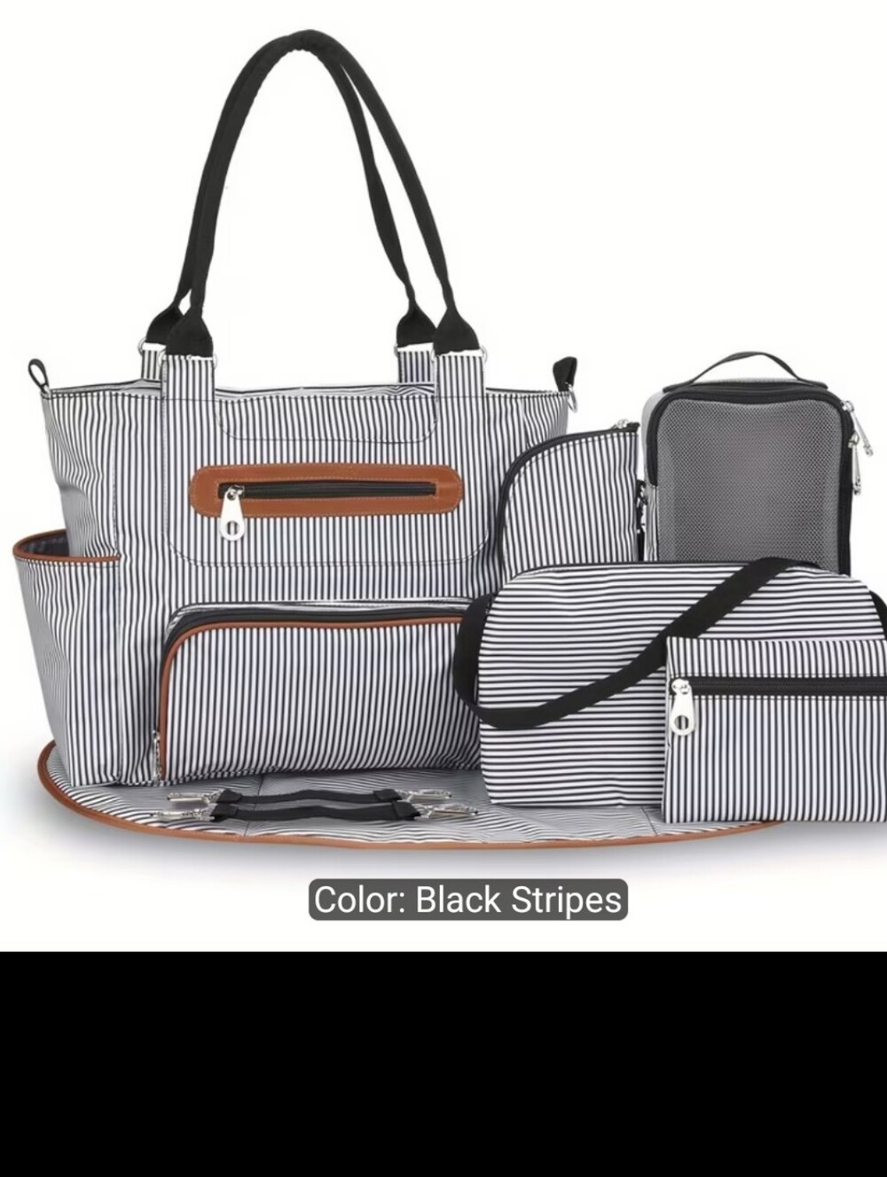 Striped Black and White Diaper Bag Set - Multi-Piece Travel Organizer